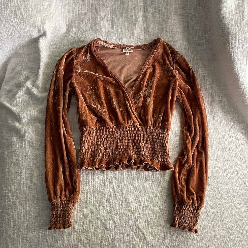 Elegant Velvet Smocked Top in Rich Brown